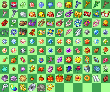 Pokémon items based on items from the Pokémon Mystery dungeon series and Pokémon as a whole ; quite a few of them are based off of existing art, but there were some that I had to make from scratch due to there being no source material.